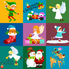 Santa Claus snowman hats, children enjoy winter holidays, elf with sweets and angel wings pipe gifts, Cat in sock, girl skating ice, penguins stack of presents, deer decorated his antlers with lights