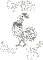 Fototapeta na wymiar Lettering Happy New Year, zntangle stylized cock is crows, 2017, black and white hand drawn vector illustration