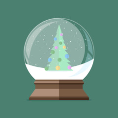 Snow globe with christmas tree inside. Flat vector illustration