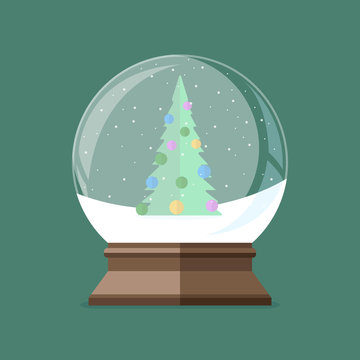 Snow Globe With Christmas Tree Inside. Flat Vector Illustration