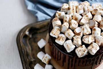 Tasty chocolate cake with marshmallow on tray