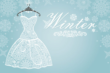 Winter card.Bridal dress with snowflake lace .Vertical