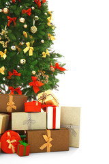Decorated Christmas tree with presents isolated on white, close up view