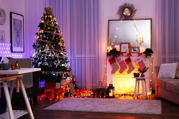Interior of living room decorated for Christmas