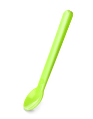 Bright plastic spoon for child on white background