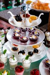 different berries cheeze pie  and dessert  in party
