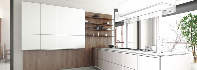 Kitchen accented in Wood (panoramic)