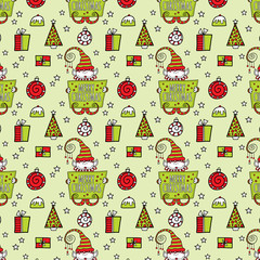 Christmas Seamless Pattern with Elf Holding Sign - repeating background with cute christmas elf holding a sign with the words merry christmas, stars, presents, christmas tree and baubles.