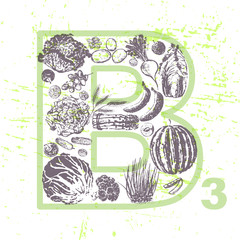 Ink hand drawn fruits and veggies that contain vitamin B3