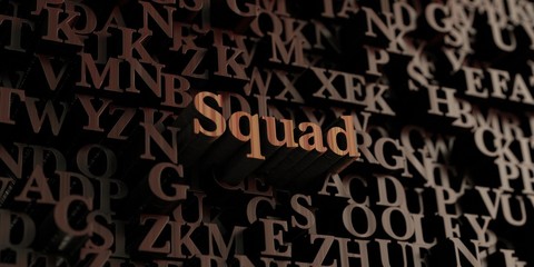 Squad - Wooden 3D rendered letters/message.  Can be used for an online banner ad or a print postcard.