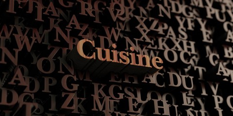 Cuisine - Wooden 3D rendered letters/message.  Can be used for an online banner ad or a print postcard.
