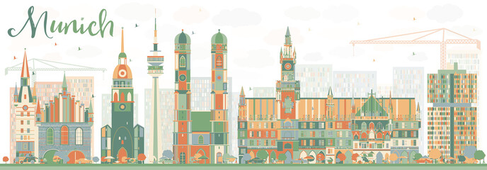 Obraz premium Streszczenie panoramę Monachium z kolorowymi budynkami.