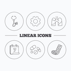 Broken foot, lungs and medical pills icons.