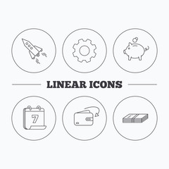 Piggy bank, cash money and startup rocket icons.