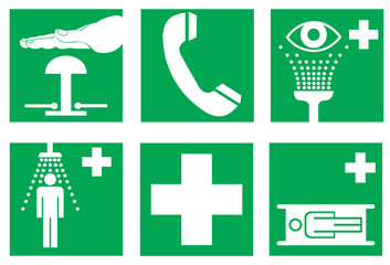 Znaki informacyjne ikony piktogramy, apteczka, pomoc medyczna, telefon, nosze