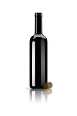 Opened red wine bottle and wine cork with mirror reflection isolated on white background. Vector realistic illustration.