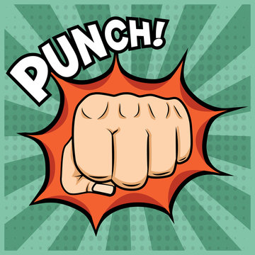 Vector fist punching illustration in pop-art style.