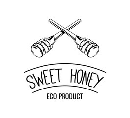 Wooden honey dipper, sketch style vector illustration isolated on white background. Sweet honey label, badge