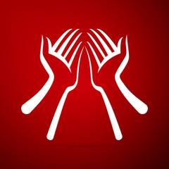 Two hands flat icon on red background. Vector Illustration