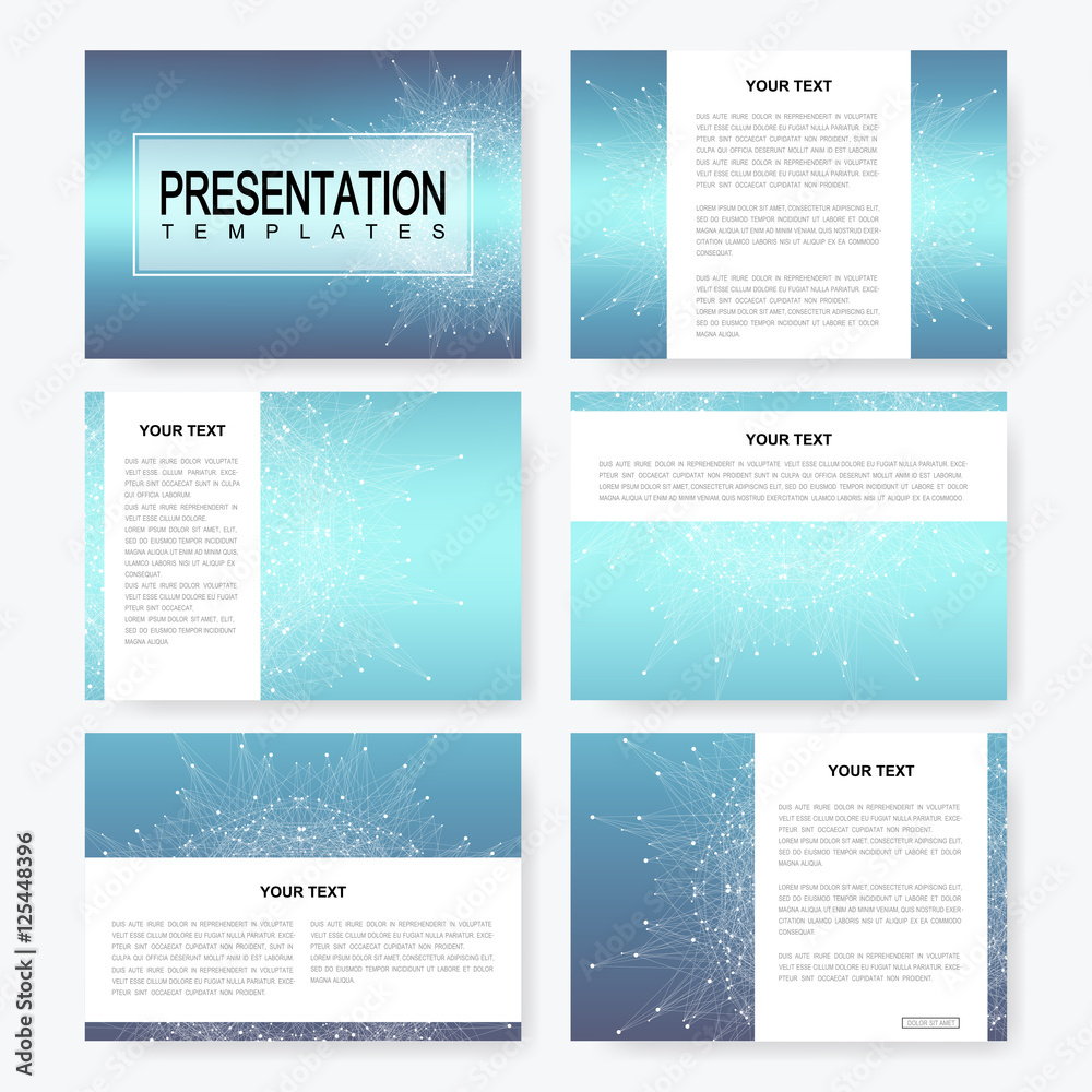 Poster blue set of vector presentation templates with molecule structure. business and scientific design fo