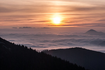 autumn morning panorama from Chata pod Chlebom in Mala Fatra mountains with only Tatras mountain range and Velky Choc hill above misty level with sun 