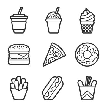 Fast food vector contour icon set. Fast food hamburger, cola, ice cream, pizza, donut, hot dog, noodles, french fries. Tasty fast food unhealthy meal. Isolated dishes on white background.