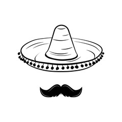 Sombrero and Mustache. Mexico Hat. Traditional Mexican Clothing. An Isolated Object.
