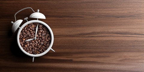 Alarm clock on wooden background. 3d illustration