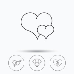 Love heart, brilliant diamond and male, female icons.