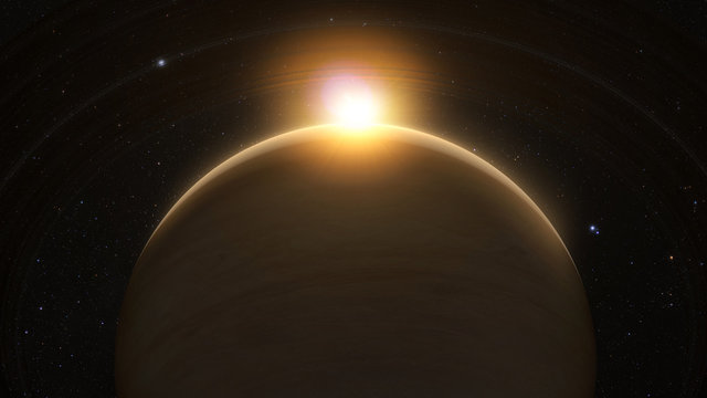 planet saturn with rings at sunrise on the space background. 3D render.