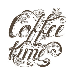 Hand drawn typography lettering phrase coffee time isolated on the white background.