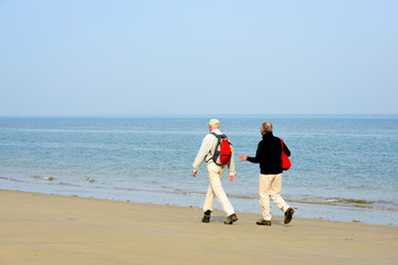 Two men in casual clothes and walking shoes walking, talkin and gesticulating along the shoreline of the Dutych North Sea. It is still early in the morning in the beginning of the spring season.