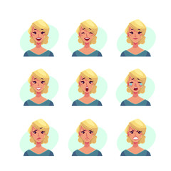 Girl face expression, set of cartoon vector illustrations isolated on blue background. Blond woman emoji face icons, symbols of human expressions, set of female avatars with different emotions