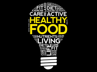 Healthy Food bulb word cloud collage, health concept background