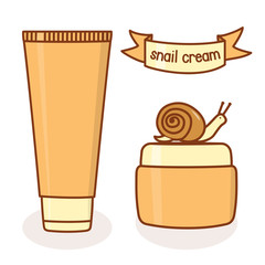 Snail cream. Vector templates tube of cream and a jar of cream. Illustration of a snail.