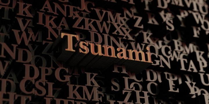 Tsunami - Wooden 3D rendered letters/message.  Can be used for an online banner ad or a print postcard.