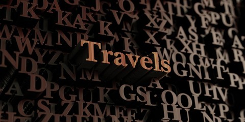 Travels - Wooden 3D rendered letters/message.  Can be used for an online banner ad or a print postcard.