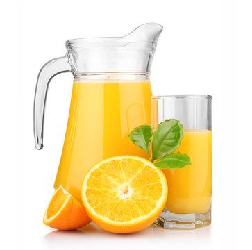 Jug and glass with fresh orange juice and fruits isolated