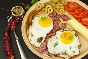 Fried Eggs on a plate. A hearty breakfast for athletes. Healthy food.
