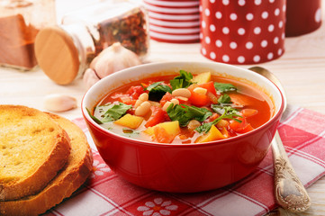 Hot bean soup with bacon and vegetables.