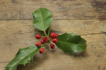 Christmas holly berries on old wooden background