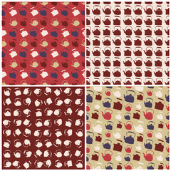 Set of seamless Colorful Pattern with Kettle. Vector background with different teapots. Endless kitchen texture.
