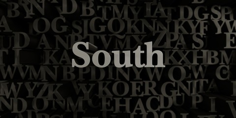 South - Stock image of 3D rendered metallic typeset headline illustration.  Can be used for an online banner ad or a print postcard.