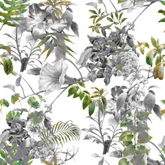 Naklejka premium Watercolor painting of leaf and flowers, seamless pattern on white background