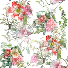 Keuken spatwand met foto Watercolor painting of leaf and flowers, seamless pattern on white background © photoiget