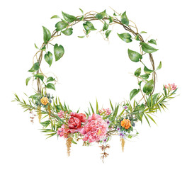 watercolor painting of leaves and flower, with Circle  on white background