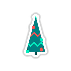 Vector illustration in paper sticker style christmas tree decorated with balls