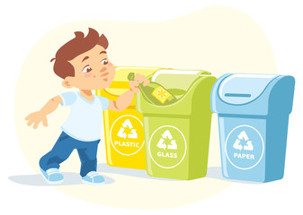 Little boy recycling garbage