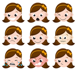 Girl Emotion Faces Cartoon. Isolated set of female avatar expressions. Vector Illustration