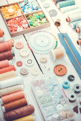 Tools and accessories for sewing. Vintage tone.